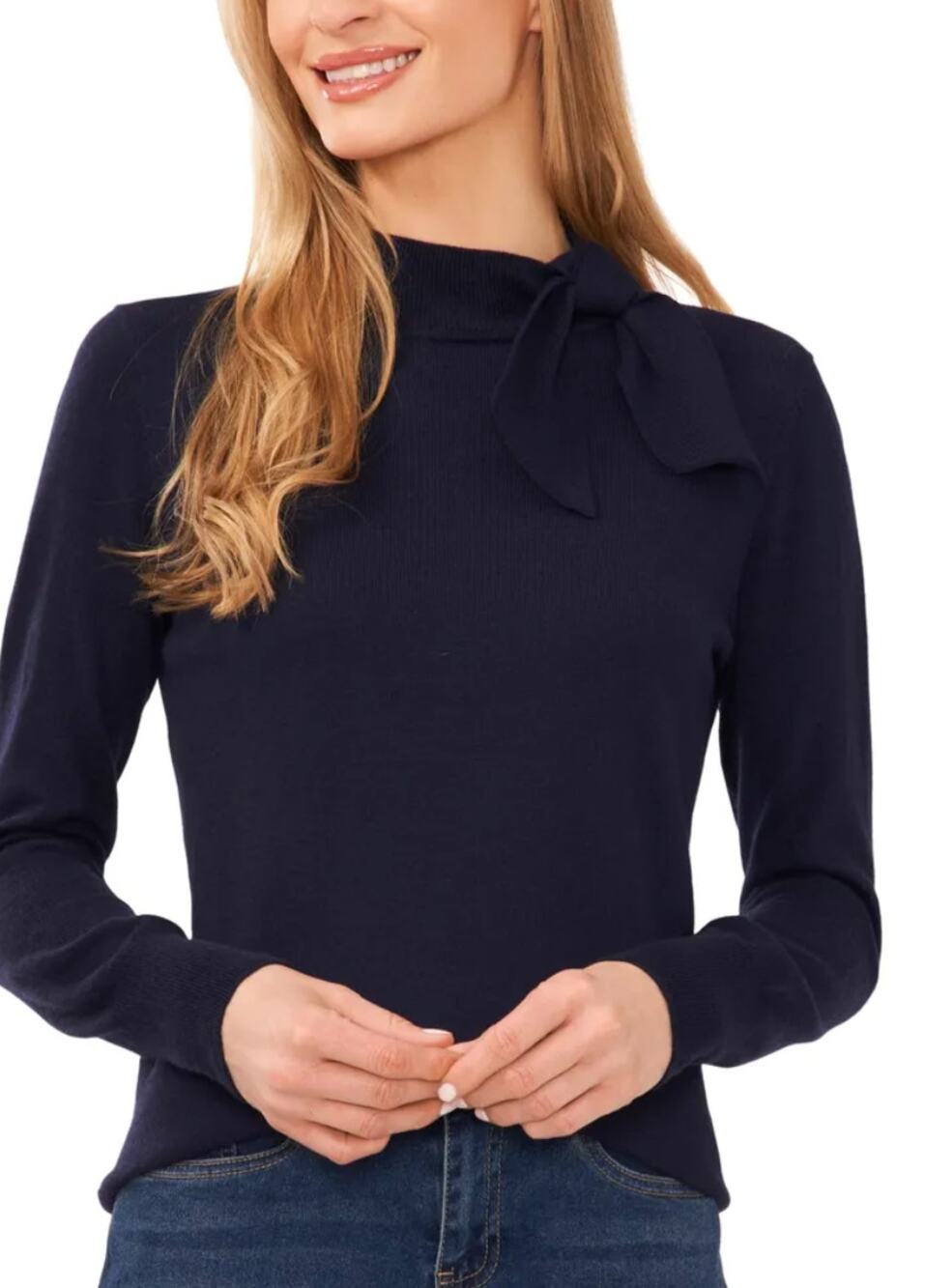 CeCe Bow Mock Neck Sweater S Navy Blue NWT Turtleneck Smock Sleeve Demure Preppy